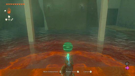 The Legend of Zelda Tears of the Kingdom Jonsau Shrine: Link using the Ultrahand ability to hold the ball under the water in the Jonsau Shrine puzzle,