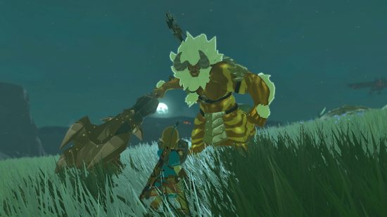 The Legend of Zelda Tears of the Kingdom Lynel: Link fighting a Lynel at night in Breath of the Wild.