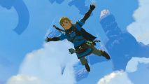 The Legend of Zelda Tears of the Kingdom paraglider: Link skydiving from a floating island. He has his arms and legs out as he dives towards the camera.