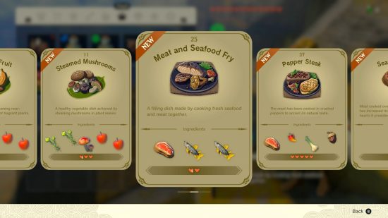 The Legend of Zelda Tears of the Kingdom cooking: The recipe book interface, highlighting three recipes and their ingredients.