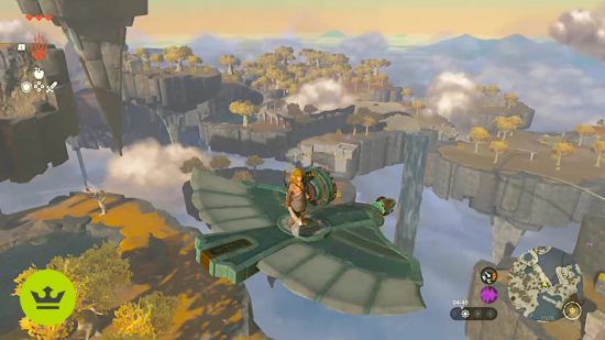 The Legend of Zelda Tears of the Kingdom review: Link riding a glider through the air in the Sky Islands.