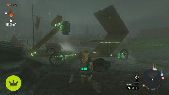 The Legend of Zelda Tears of the Kingdom review: Link looking directly ahead. A car made using Ultrahand is parked behind him.