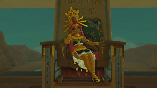 The Legend of Zelda Tears of the Kingdom characters: Riju sitting on her throne in Gerudo Town from Breath of the Wild.
