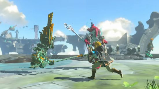 The Legend of Zelda Tears of the Kingdom companions: Sidon fighting alongside Link against a Zonai construct on the sky islands.