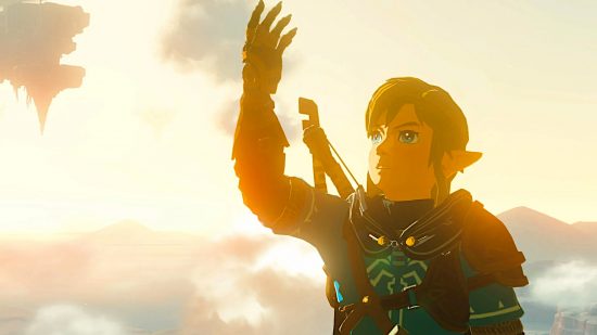 Tears of the Kingdom weapons: Link holding up his right arm to inspect the strange mechanical arm he now has.