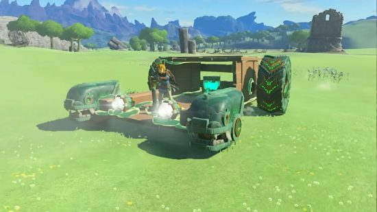 The Legend of Zelda Tears of the Kingdom Zonai Devices: Link driving a car across Hyrule, made from a variety of different pieces.