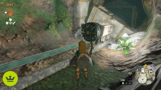 The Legend of Zelda Tears of the Kingdom Zonai Devices: A fan attached to a minecart on a track in a cave.