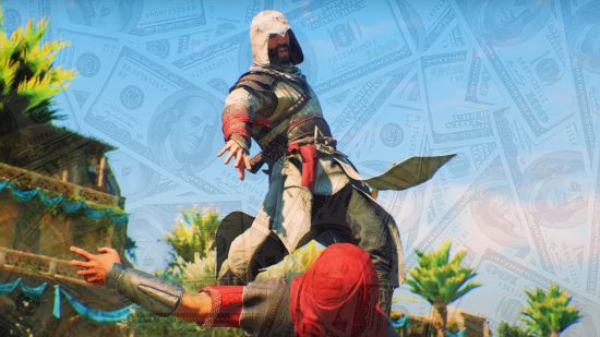 Assassin's Creed Mirage bribe guards: an image of Basim assassinating someone with dollar bills overlayed
