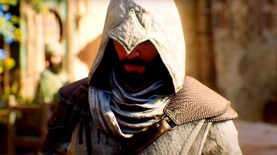 Assassin's Creed Mirage gameplay Basim Splinter Cell ability: an image of a hooded Basim in the RPG