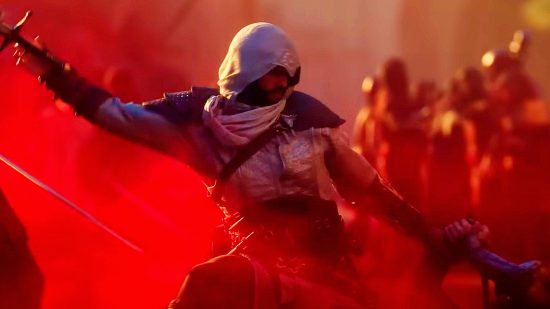 Assassin's Creed Mirage October release date retailer leak: an image of Basim in red smoke from the Ubisoft RPG trailer