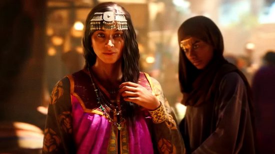 Assassin's Creed Mirage soundtrack composer Arabic electronic: a woman in a headscarf from the action game trailer