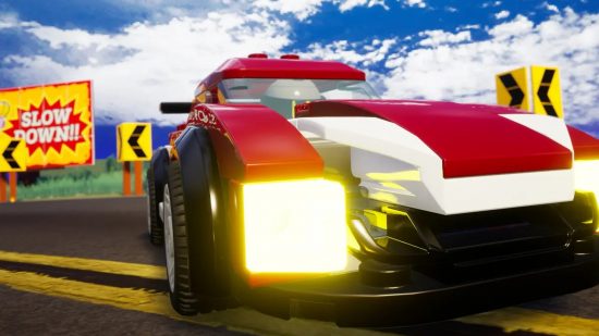 best ps5 racing games: A red and white lego car drifting round a corner in Lego 2K Drive