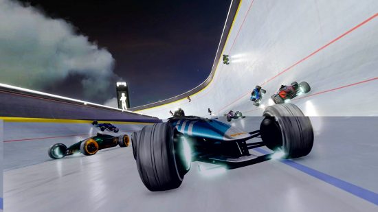 Best PS5 racing games: several race cars on a white race track in TrackMania