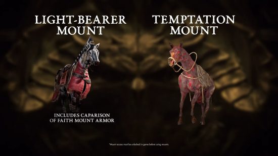 Diablo 4 pre-order image showing the Light-bearer Mount and Temptation Mount.