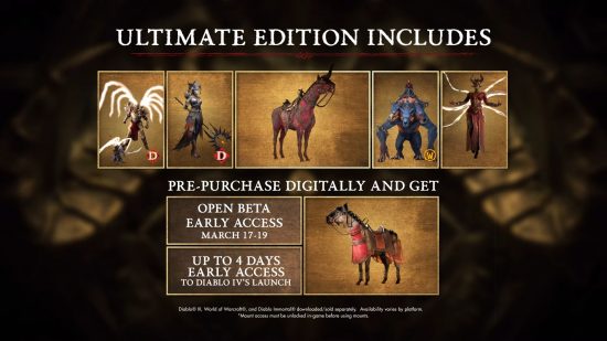 Diablo 4 pre-order image of the game's Ultimate Edition, showcasing all of the bonuses included with it.