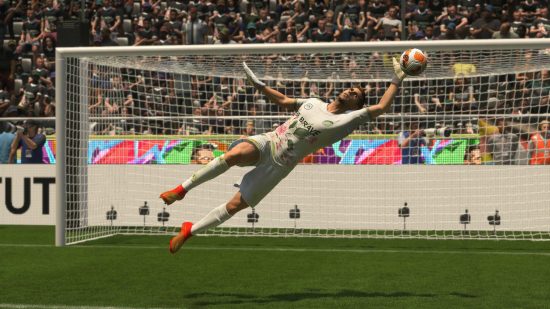 EA Sports FC 24 Claim All: Martinez, in a white kit, leaps to save a ball from going in the net in FIFA 23