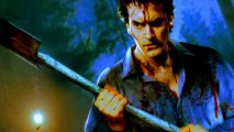 Evil Dead The Game interview development horror game future: an image of Ash with a shovel from the horror game loading art