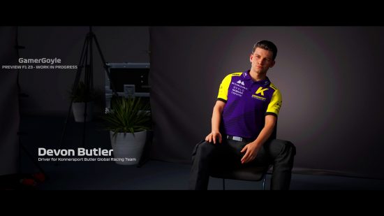 F1 23 Braking Point 2 preview: an image of Devon Butler being interviewed in the racing game