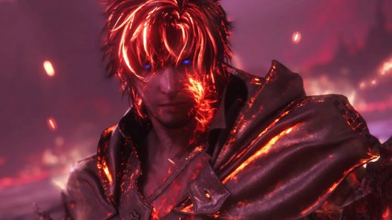 Final Fantasy 16 open world: Clive with fire on his hair and face in Final Fantasy 16 trailer