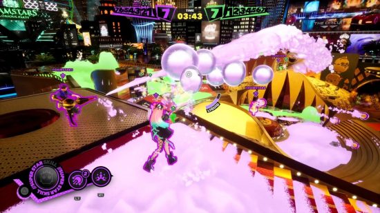 Foamstars release date: Gameplay showing a character shooting bright pink foam at the enemy.