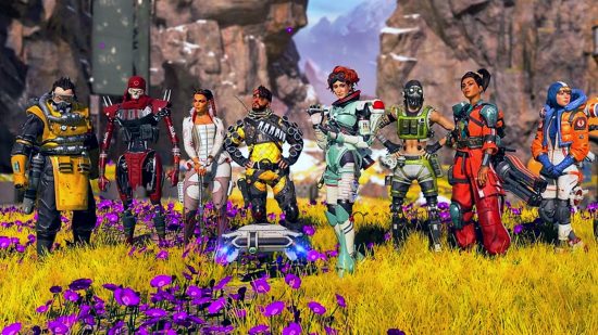 free shooting games: several members of the Apex Legends roster stand in a line in a field of yellow grass and purple flowers