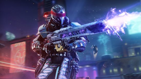 Free shooting games: A screenshot of a player firing a large machine gun with purple bullets in Destiny 2