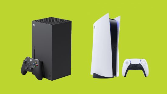 How we test: A Xbox Series X and a PlayStation 5 on a green background