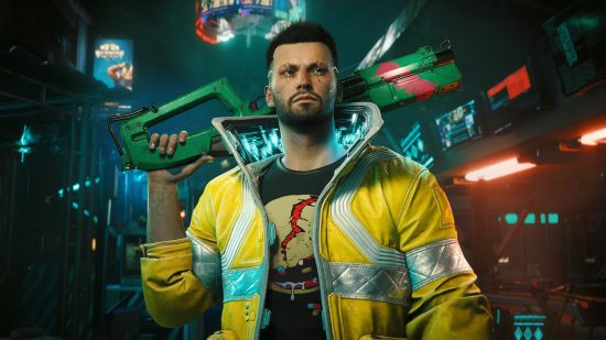 How we test games: A Cyberpunk 2077 character in a yellow jacket with a wide collar holds a gun over his shoulders