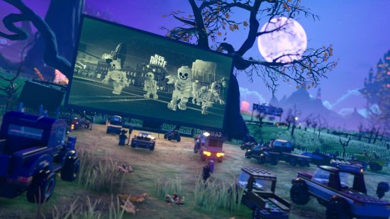 is Lego 2K Drive crossplay: Lego 2K Drive cars watching a family horror move in drive-in cinema