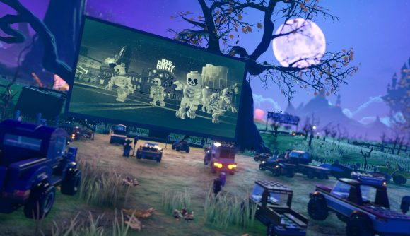 is Lego 2K Drive crossplay: Lego 2K Drive cars watching a family horror move in drive-in cinema