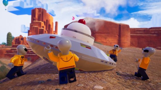 Lego 2K Drive game pass: Alien Lego minifigures looking at crashed spaceship in Lego 2K Drive