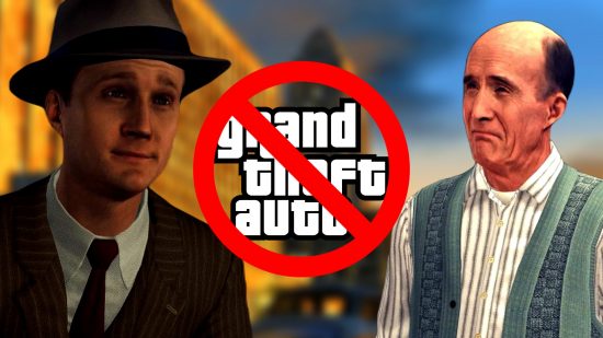 LA Noire 2 not grand theft auto 6: an image of Cole Phelps, an old man, and the GTA logo crossed out