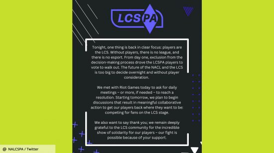 League of Legends LCS delayed LCSPA talks: LCSPA statement