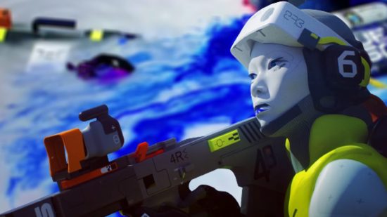 Marathon release date: A robotic looking figure wearing white and green armor and visor holding a black gun