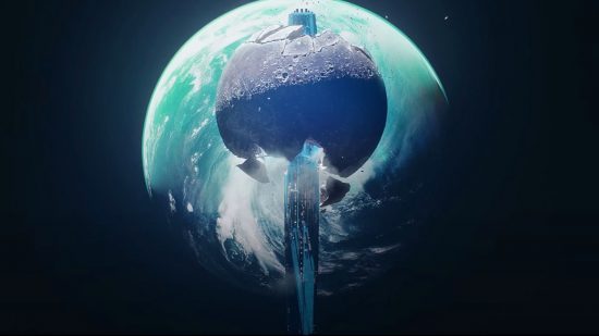 Marathon release date: A vertical, pointed spaceship or man-made monument pierces through a moon. A large earth-like planet is in the background