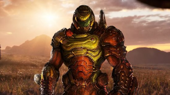 Doom Slayer standing in a field in Mortal Kombat 1 trailer