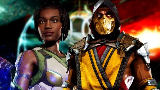 Mortal Kombat 11 sale Ultimate Xbox PlayStation: an image of Jaqcui Briggs and Scorpion from the fighting game