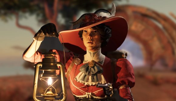 Nightingale release date: Character holding a gas lamp in front of a Nightingale background