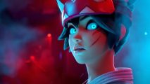 Overwatch 2 Workshop racing game Project Streetwatch: an image of Kiriko with glowing eyes in blue smoke