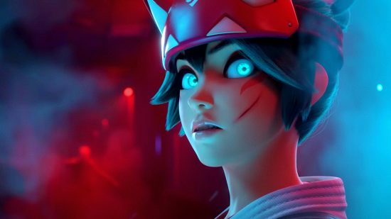 Overwatch 2 Workshop racing game Project Streetwatch: an image of Kiriko with glowing eyes in blue smoke