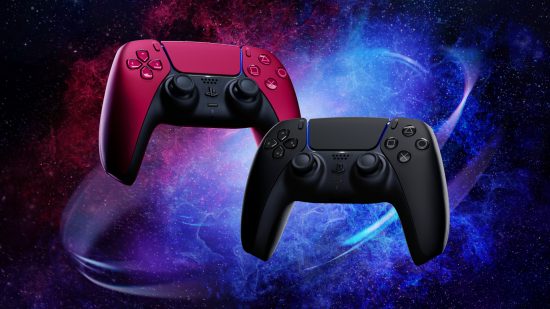 PS5 vs PS5 Digital: A Red and Black DualSense PS5 controller ona a nebula background
