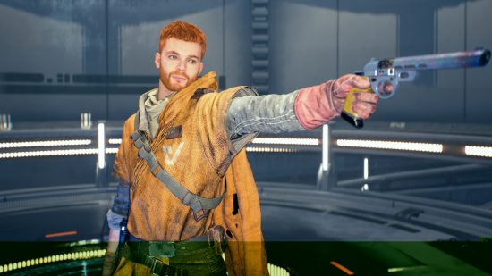 Star Wars Jedi Survivor RDR2: Cal Kestis wearing a brown poncho and pointing a blaster