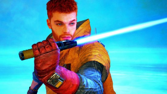 Star Wars Jedi Survivor Spawn of Boggdo boss tactic: an image of Cal with a lightsaber from the action RPG