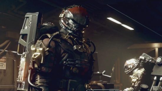 Starfield evil playthrough: A person wearing a black and crimson spacesuit with a large futuristic firearm strapped to their back