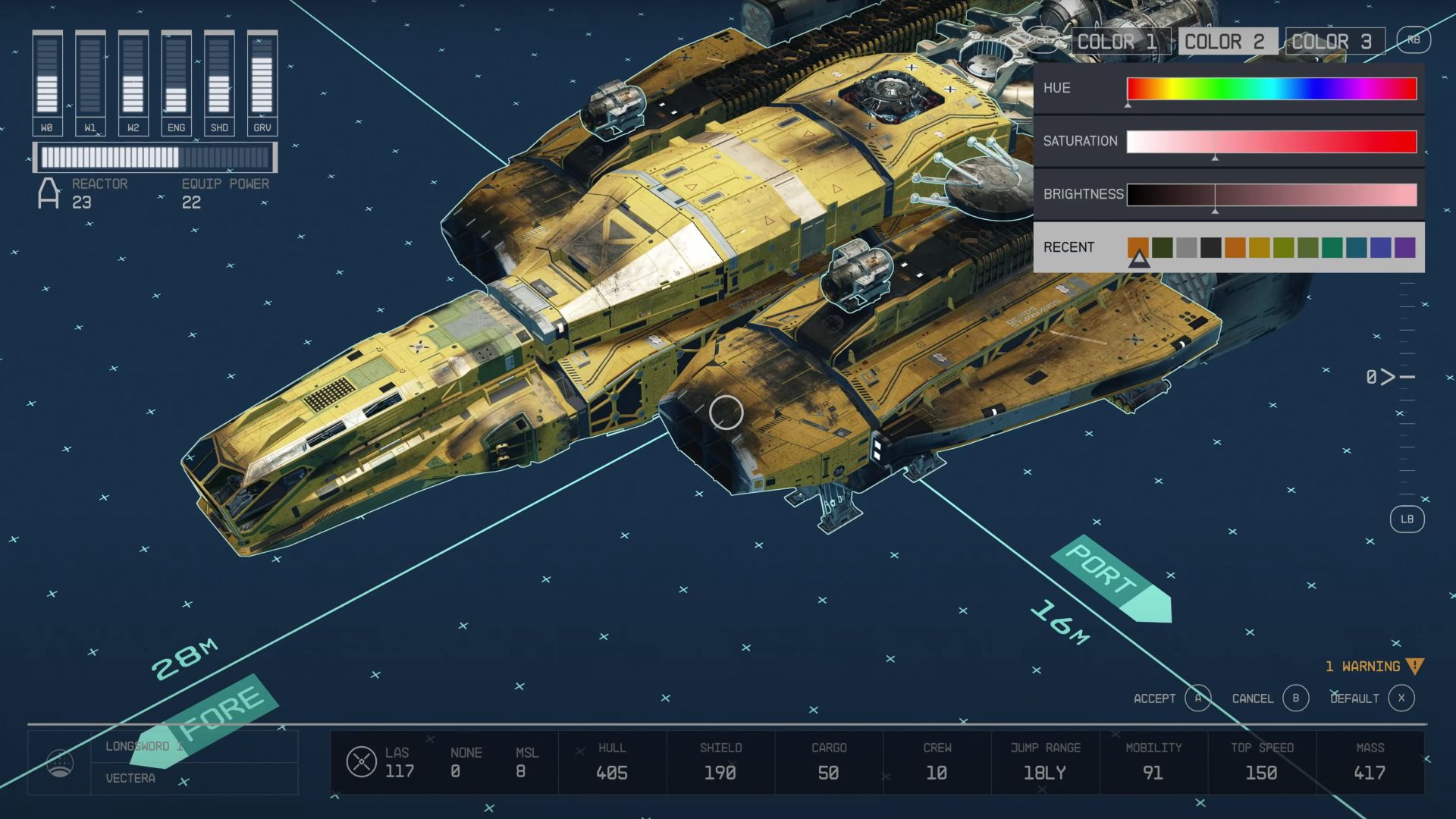 Starfield Ship Customization: The color system can be seen