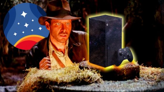 Starfield Direct FOMO PS5 player: an image of Indiana Jones looking at a glowing Xbox with space patterns on it while the Starfield logo looms overhead