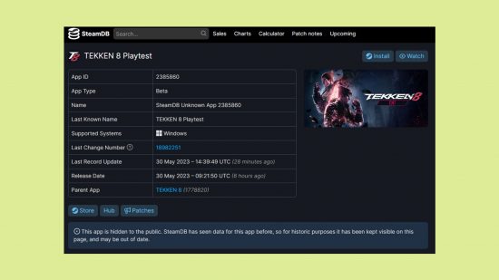 Tekken 8 beta: an image of the SteamDB page relating to this fighting game