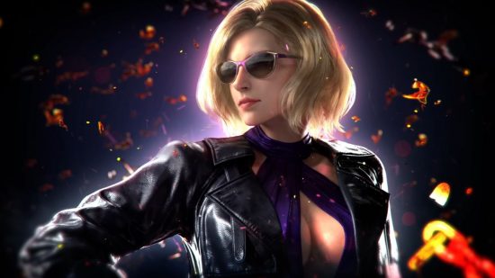 Tekken 8 Characters: Nina can be seen in a black leather jacket and sunglasses