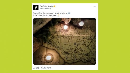 Elder Scrolls 6 Дата на издаване: Tweet празнуване на Нова година 2021 г. от акаунт на Elder Scrolls Twitter с карта на Tamriel и три свещи
