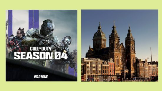Warzone 2 Vondel map key art: an image of key art and a church in Amsterdam side by side
